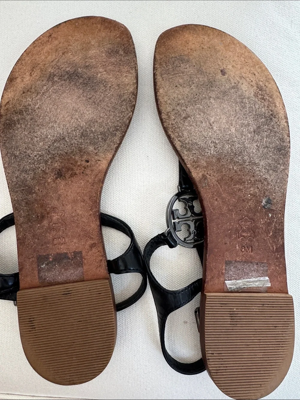 Tory Burch Violet Thong Sandals black leather rhinestone logo medallion detail 8